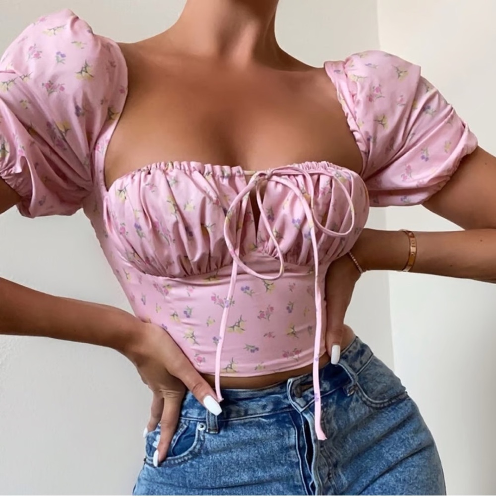 House of CB “Arianna” Pink Floral Puff Sleeve Top XS New